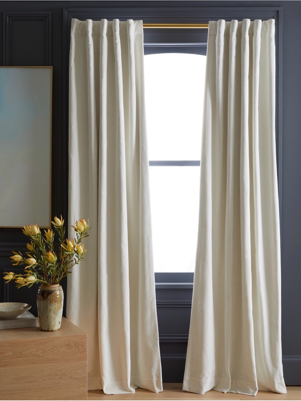Quince Cotton Velvet Room Darkening Curtain in Ivory 48x108